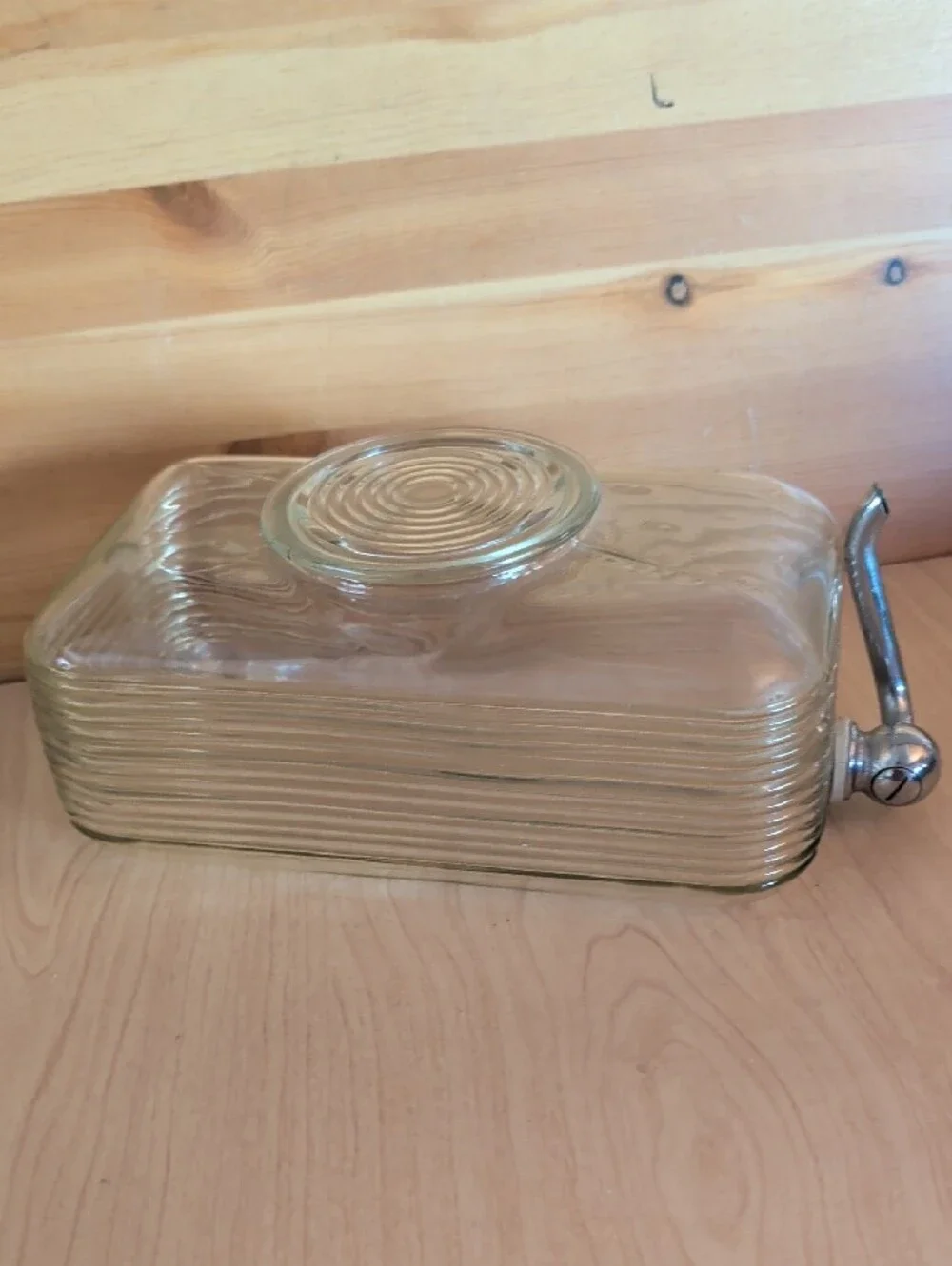 Antique Ribbed Clear Glass and Chrome Water Dispenser with Lid -